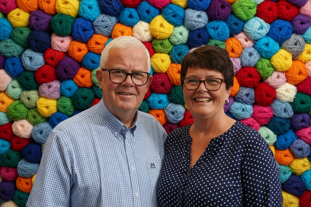 Anne-Sissel & Bjørn foran garnvegg